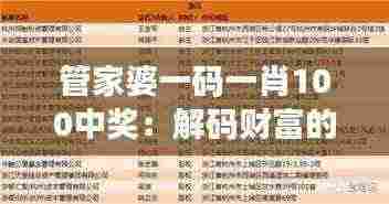 管家婆一码一肖100中奖:解码财富的秘密武器