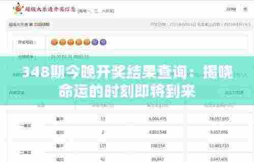 348期今晚开奖结果查询:揭晓命运的时刻即将到来