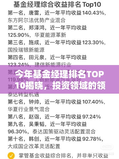 今年基金经理排名TOP10揭晓，投资领域的领军翘楚