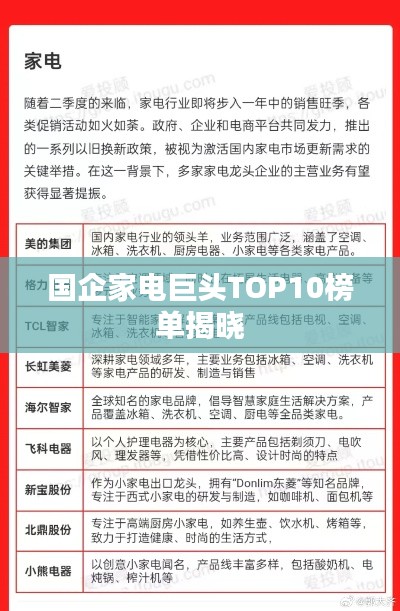 国企家电巨头TOP10榜单揭晓