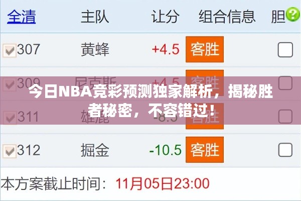 今日NBA竞彩预测独家解析,揭秘胜者秘密,不容错过!